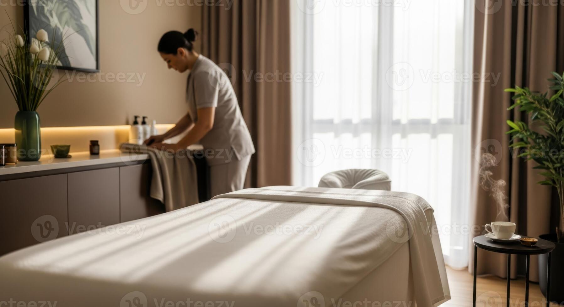 Preparación profesional de masaje con toallas y aceites